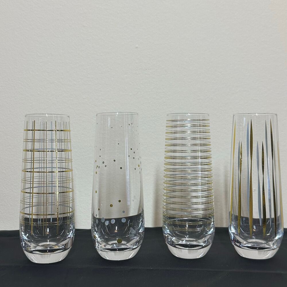 MCM Champagne Flutes by Christian Siriano Wedding Celebration Barware Gold Trims